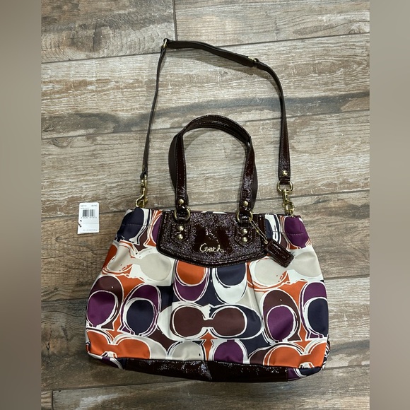 New Coach Ashley Scarf Print Purse F20113 Purple Brown Patent Leather Bag - Picture 1 of 15